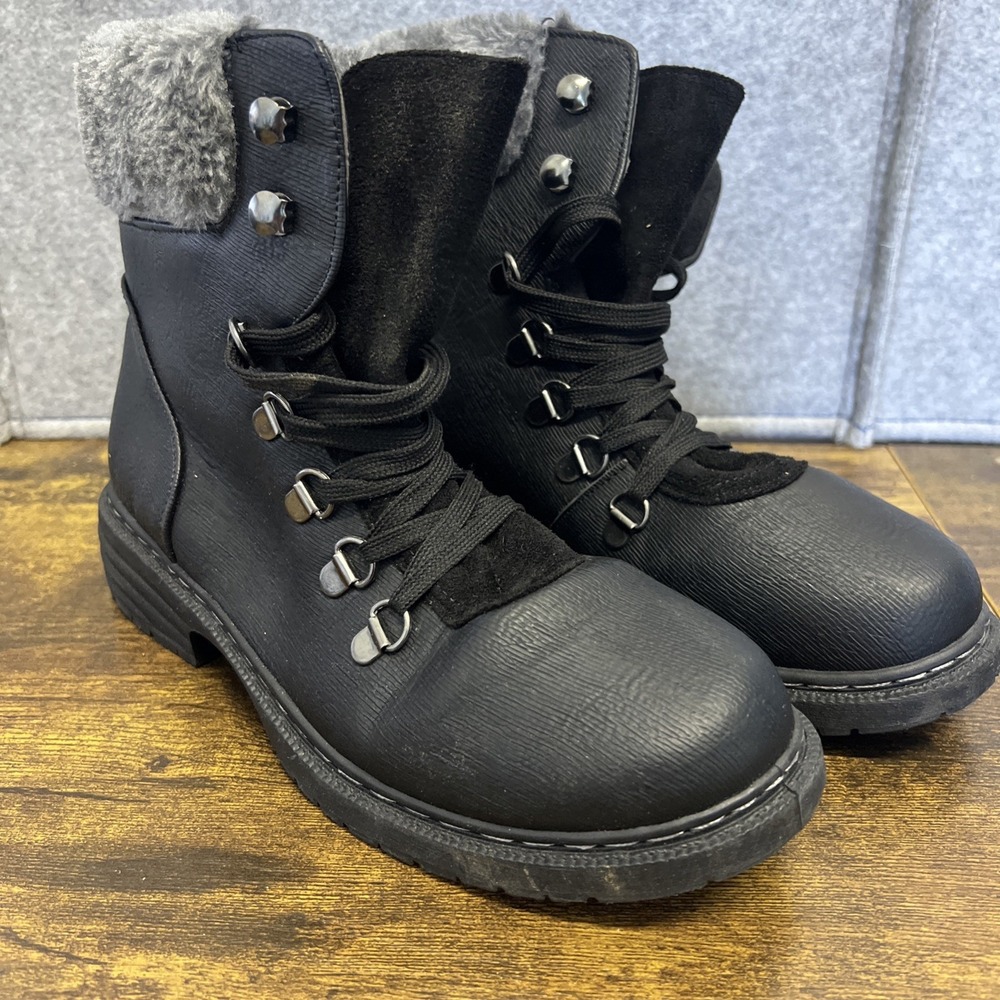 Wanted Carson Faux Fur Trimmed Lace Up Hiker Boots Black Sz 8